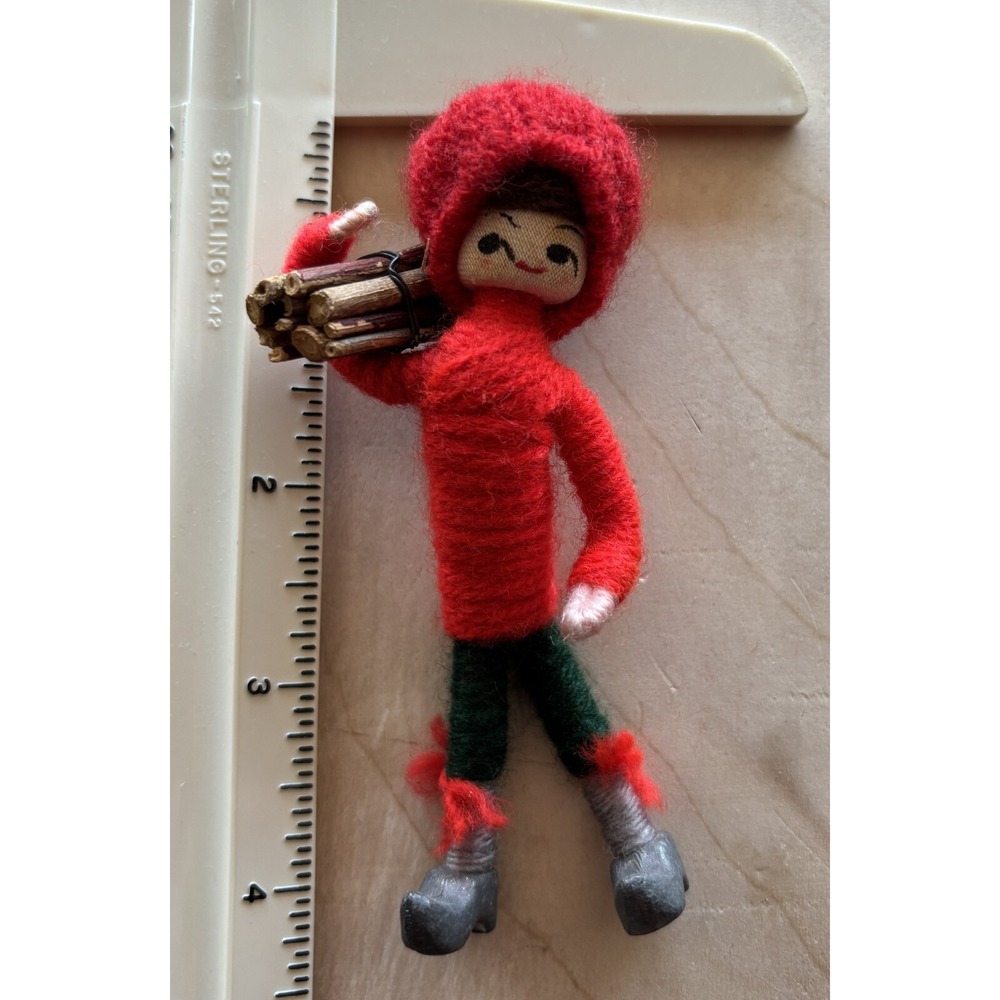 Vtg Anne Beate Handmade Danish Doll Metal Feet Boy & Sticks Bundle Christmas Red